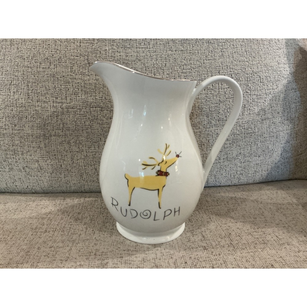 Pottery Barn Reindeer Rudolph Ceramic Christmas Pitcher White Silver Rim 9"